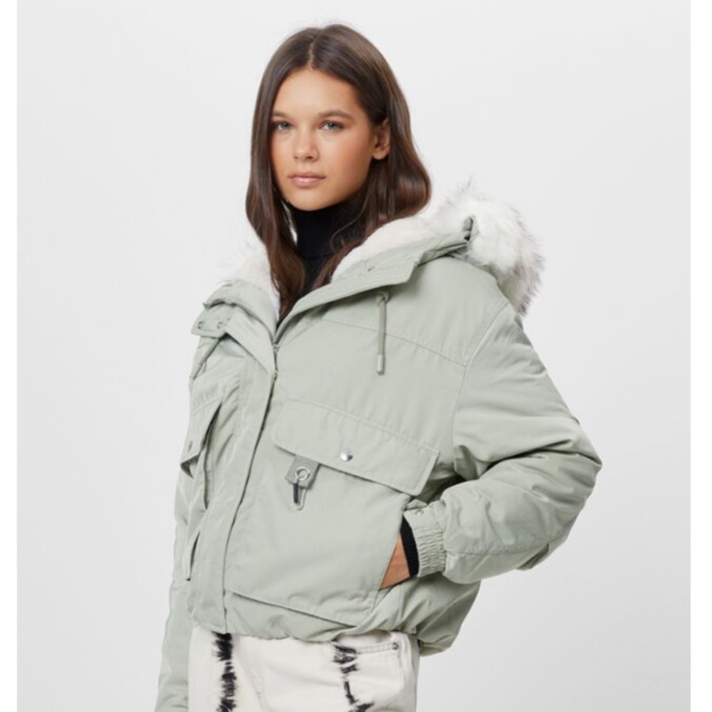 Bershka Light Gray Puffer Jacket with Faux Fur Hood